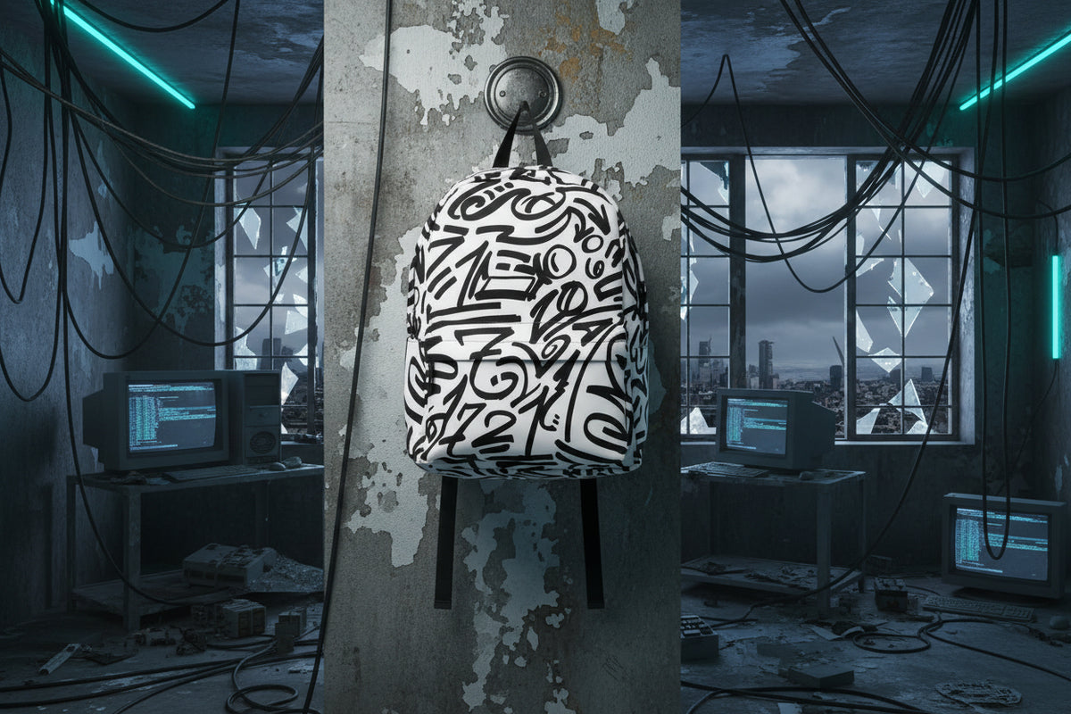 White backpack in bold black brush glyphs, hung on a hook in a derelict neon-lit computer room