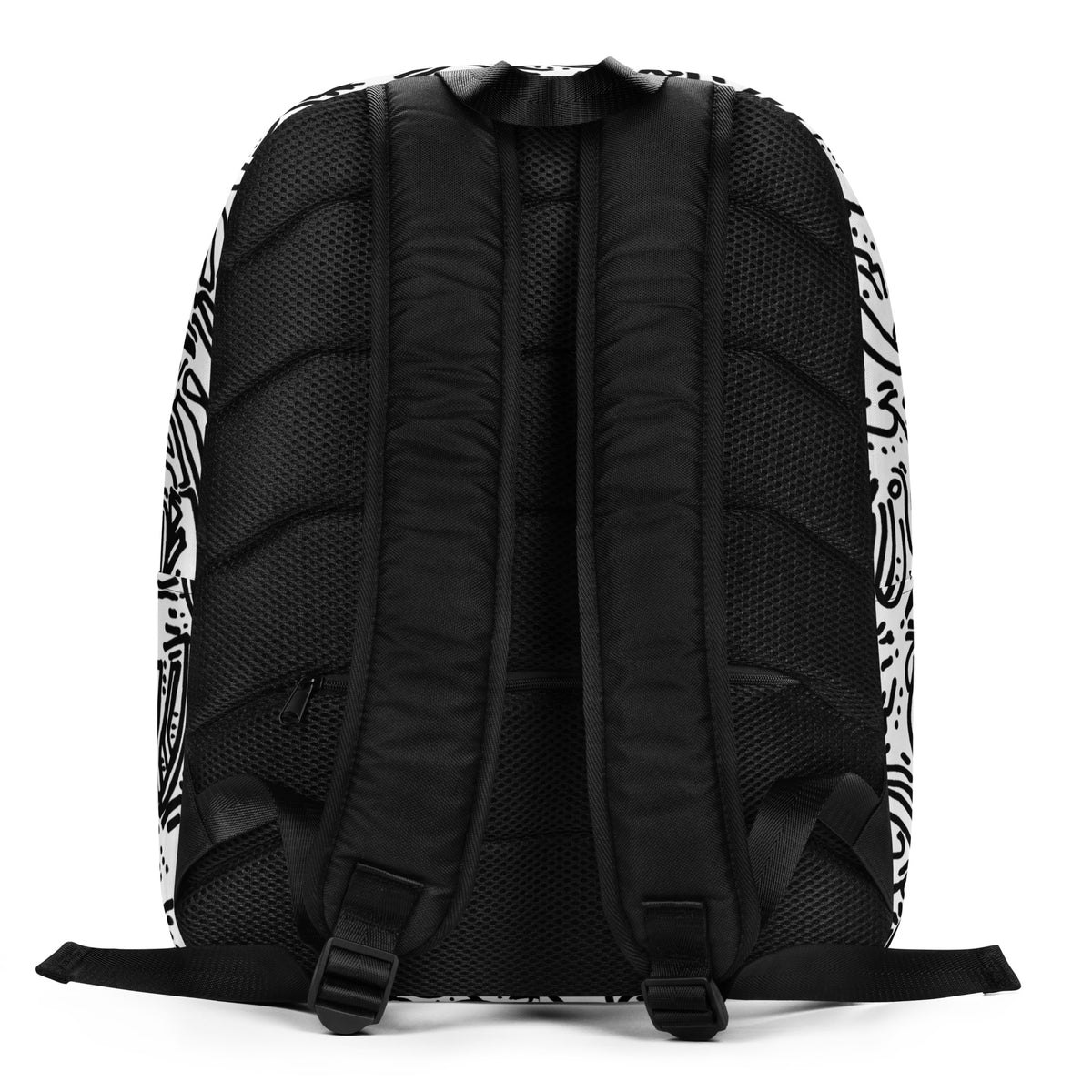 Back of the white line-drawing backpack, black padded mesh straps, print showing at the edges