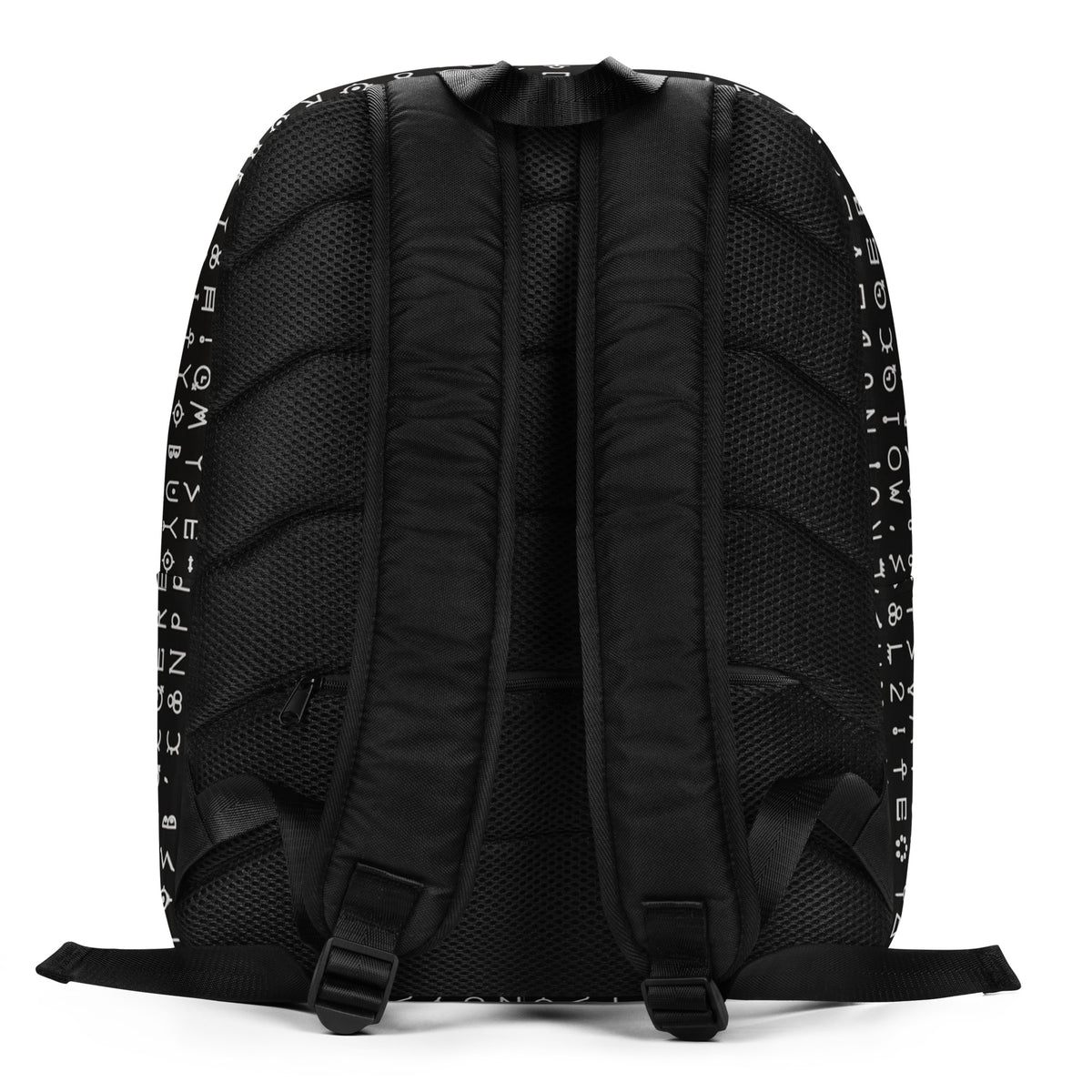 Back of the black glyph backpack, padded mesh straps with the white symbols along both edges