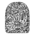 White backpack under a continuous black line drawing of blades, eyes and coiled forms