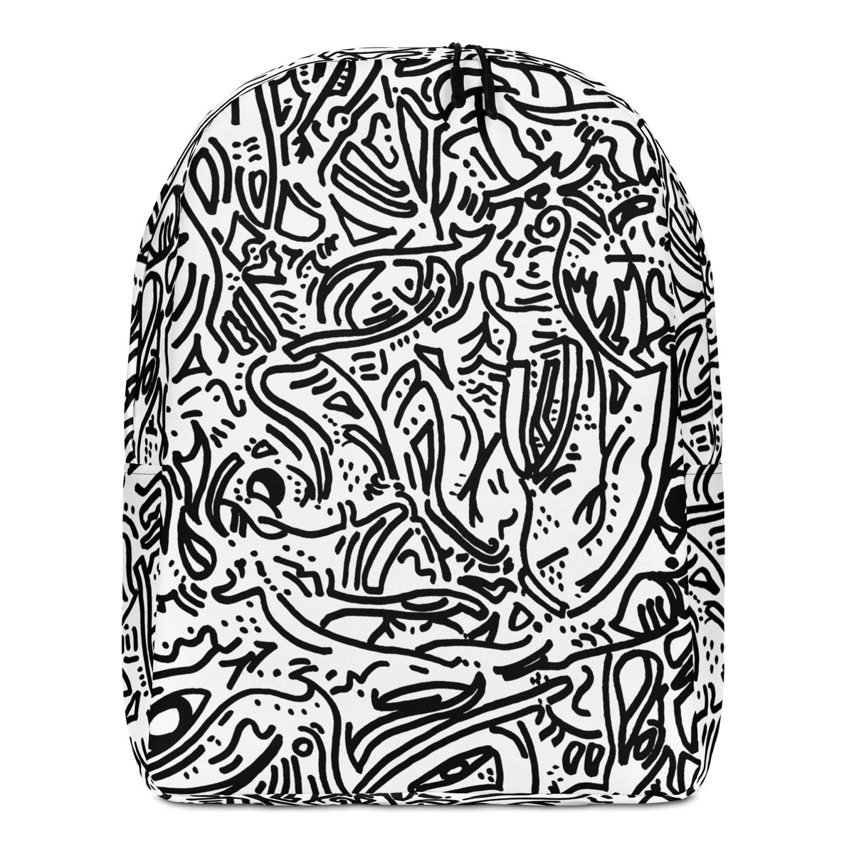White backpack under a continuous black line drawing of blades, eyes and coiled forms