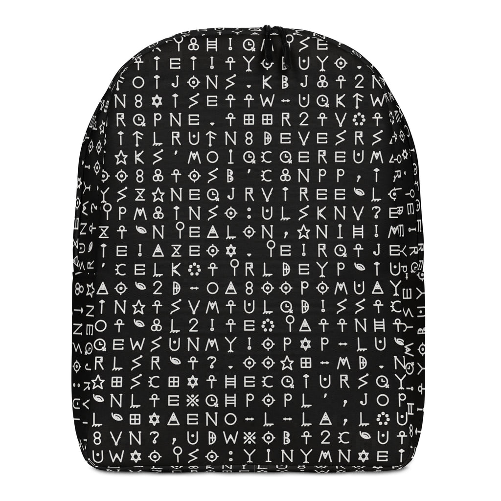 Black backpack printed front to back in rows of white alchemical and runic characters