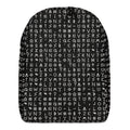 Black backpack printed front to back in rows of white alchemical and runic characters