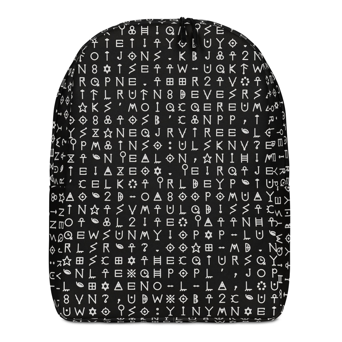 Black backpack printed front to back in rows of white alchemical and runic characters