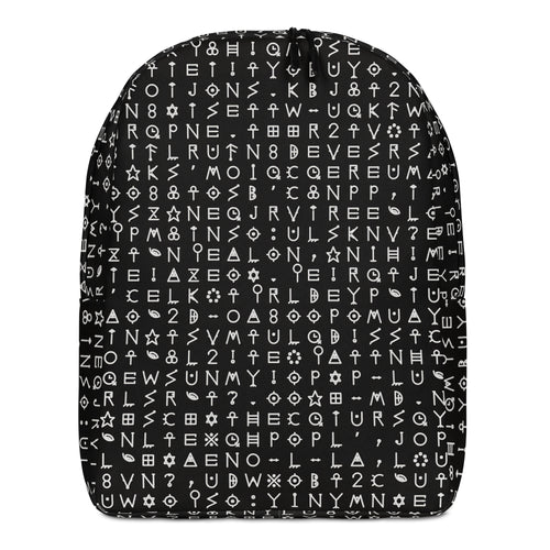 Black backpack printed front to back in rows of white alchemical and runic characters