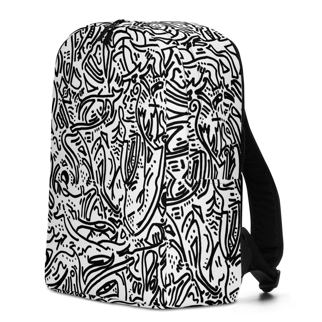 Left three-quarter view of the white line-drawing backpack, print continuing onto the side panel