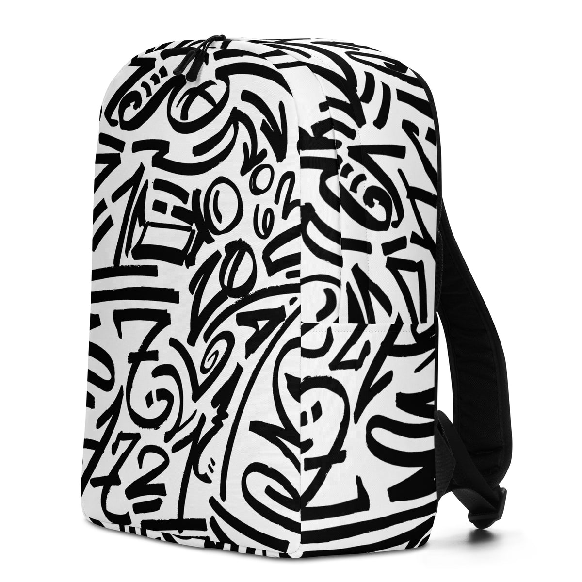 Left side of the white backpack, black brush glyphs running over the panel seam