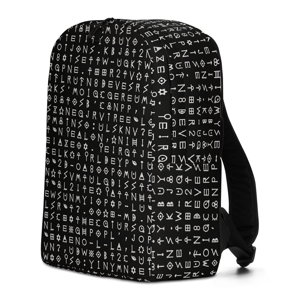Left three-quarter view of the black backpack, glyph rows turning the corner onto the side