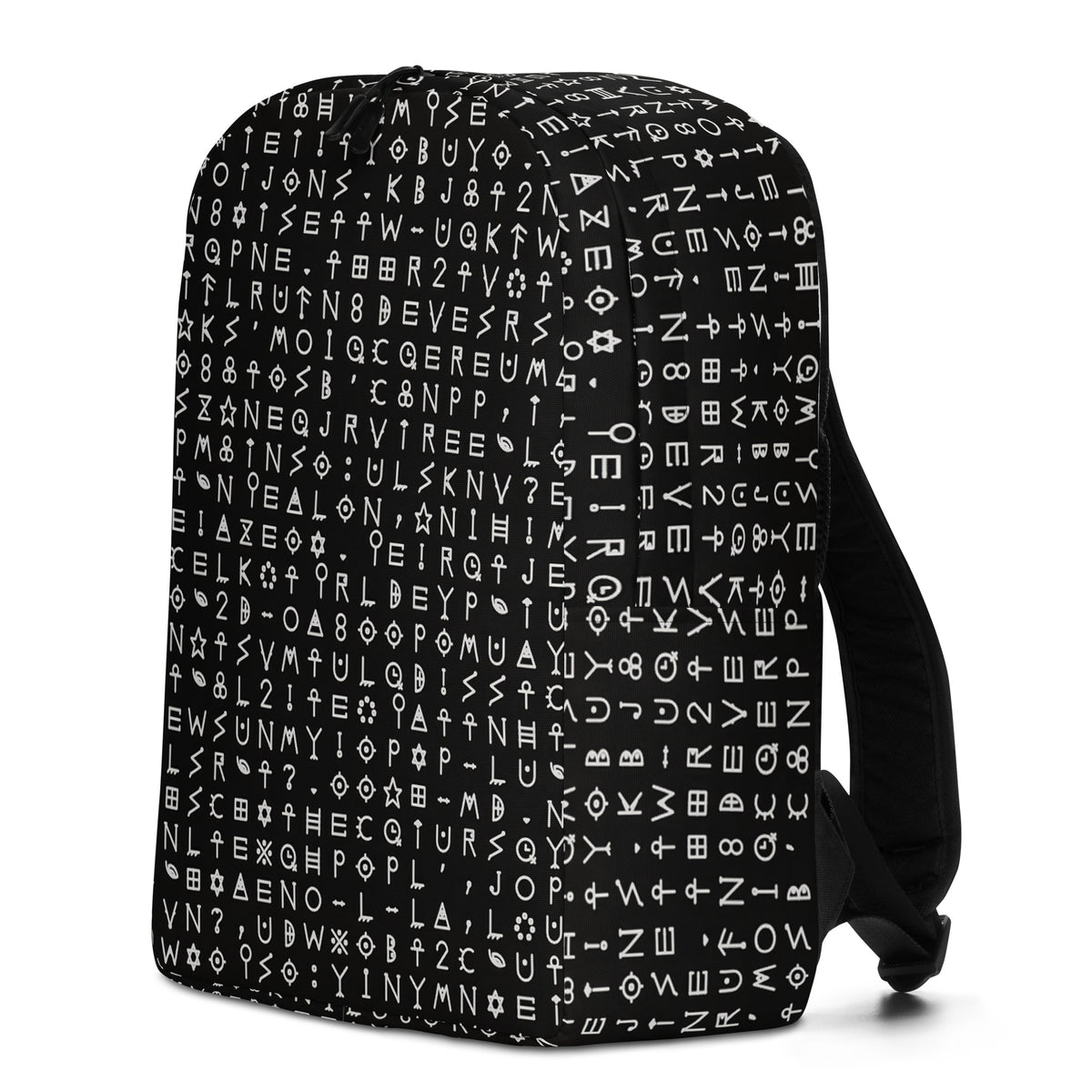 Left three-quarter view of the black backpack, glyph rows turning the corner onto the side