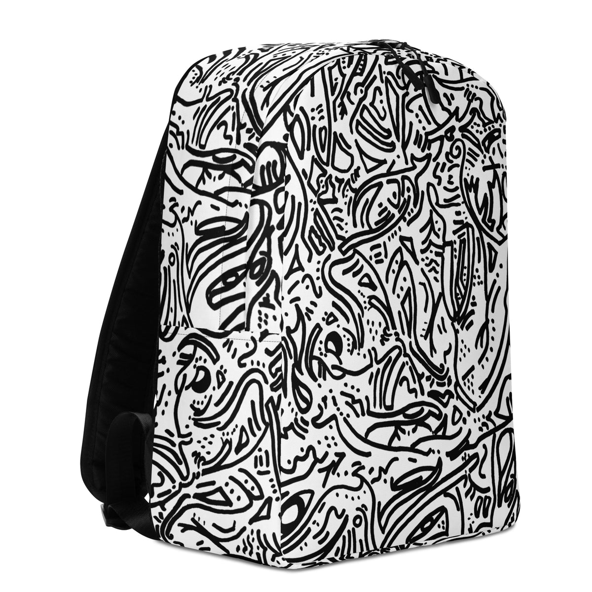 Right three-quarter view of the white backpack showing the zip pull and side of the line drawing