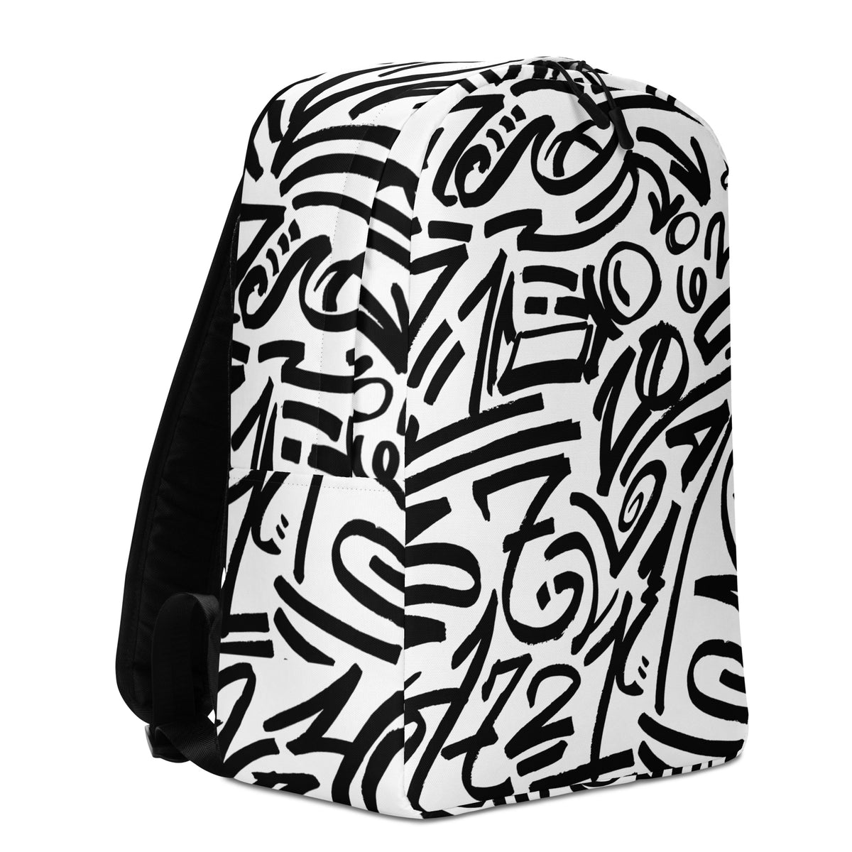 Right side of the white backpack, showing the padded black strap and glyph print wrapping the edge