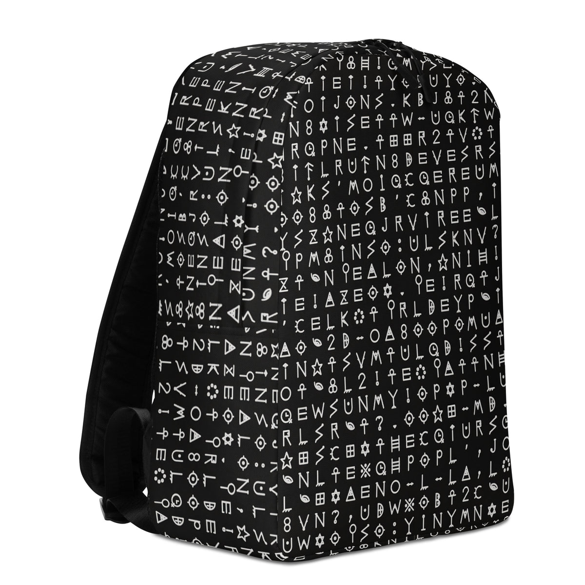Right three-quarter view of the black glyph backpack with the shoulder strap folded back
