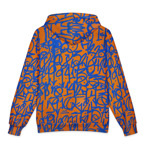 Back of the orange hoodie, cobalt tag-script glyphs running loose across the shoulders and hood