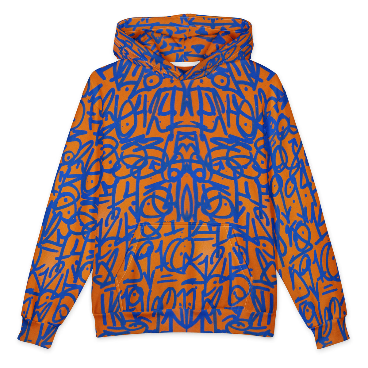 Front of the oversized orange hoodie, cobalt glyphs mirrored into a face across the chest and hood