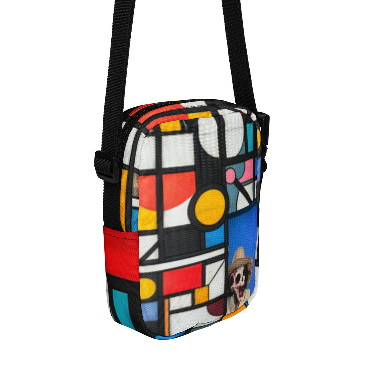 Back of the crossbody bag, showing a photographed skull in a straw hat against blue sky