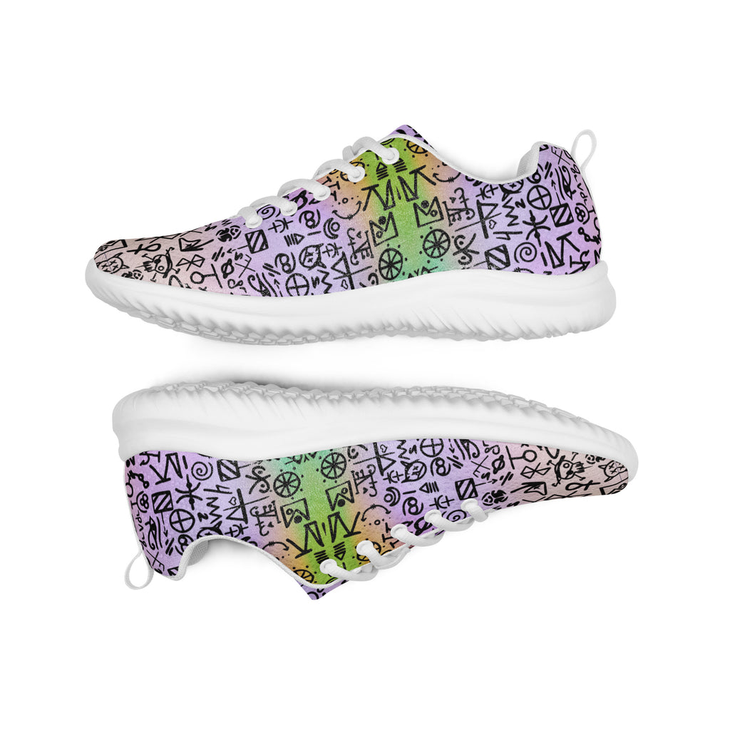 Errand Ritual Sneakers with white soles and laces, side profiles showing the black symbols and multicolor artwork across the uppers.