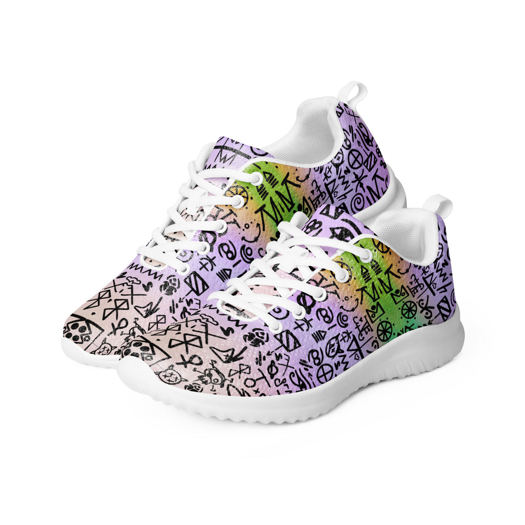 Errand Ritual Sneakers with white soles and laces, three-quarter view showing black symbols across the lavender, pink, and green artwork.