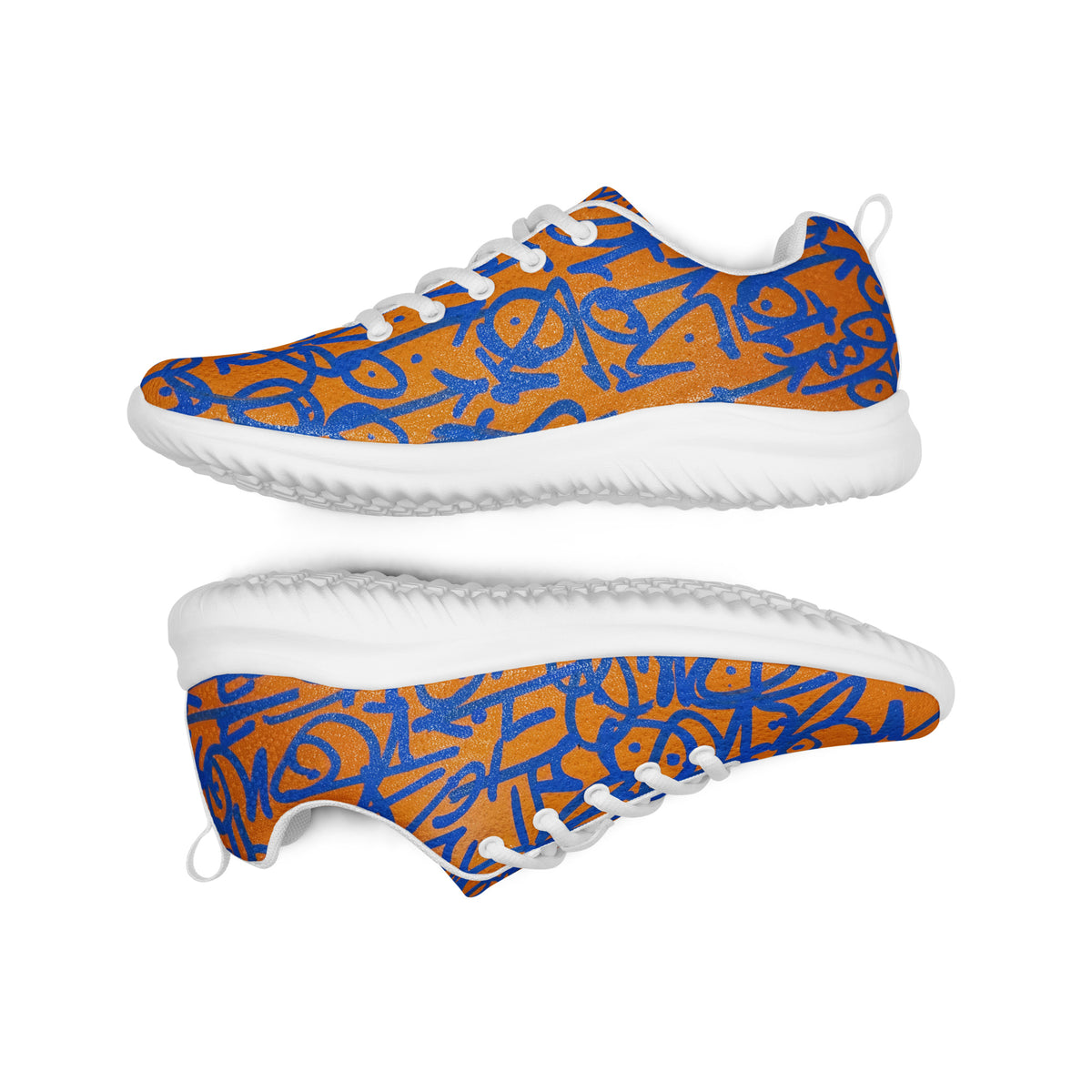 Lunar Dial Sneakers with white soles and laces, side profiles showing the cobalt artwork across the orange uppers.