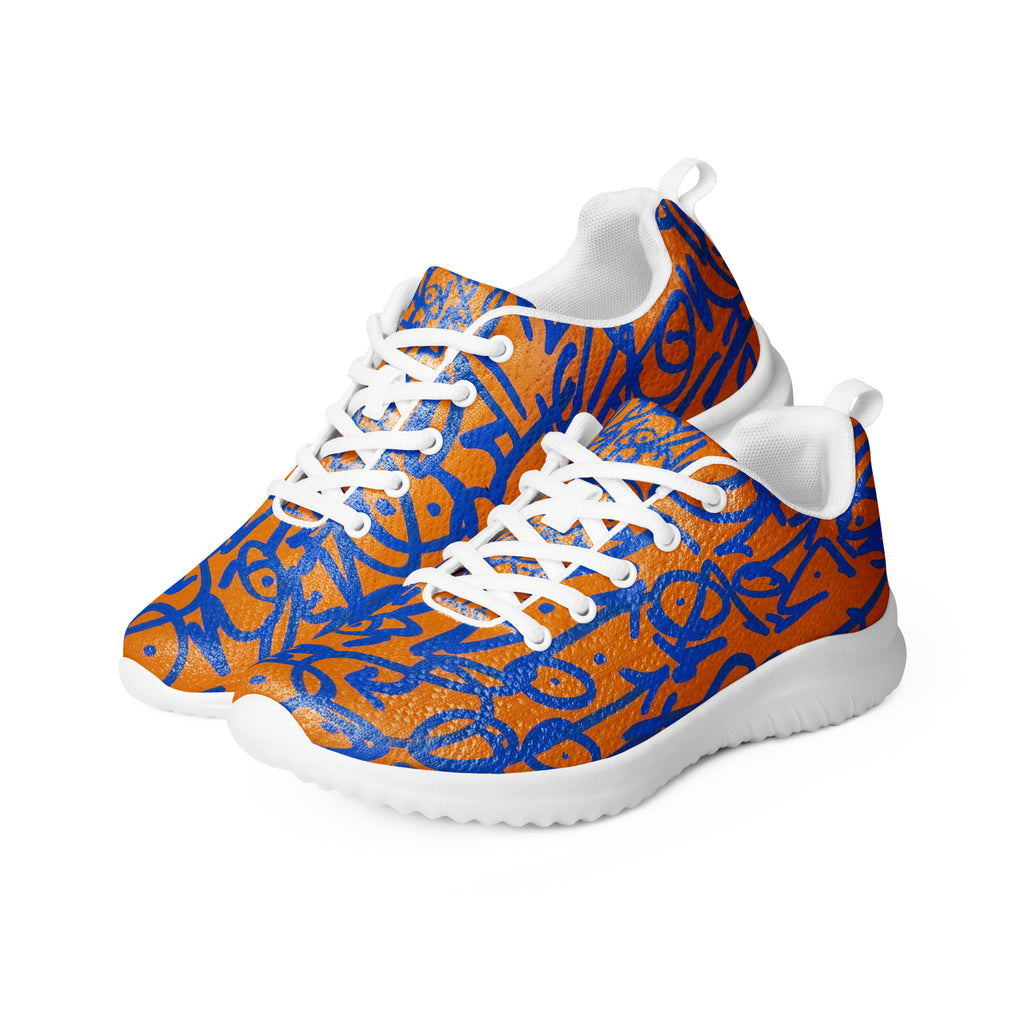 Lunar Dial Sneakers with white soles and laces, three-quarter view showing the cobalt artwork across both shoes.