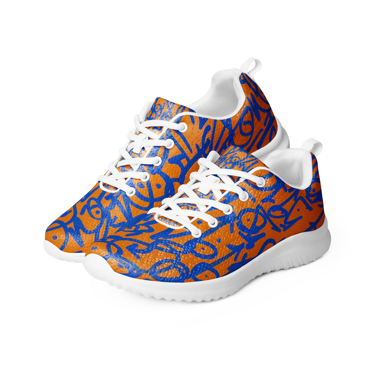 Lunar Dial Sneakers with white soles and laces, three-quarter view showing the cobalt artwork across both shoes.