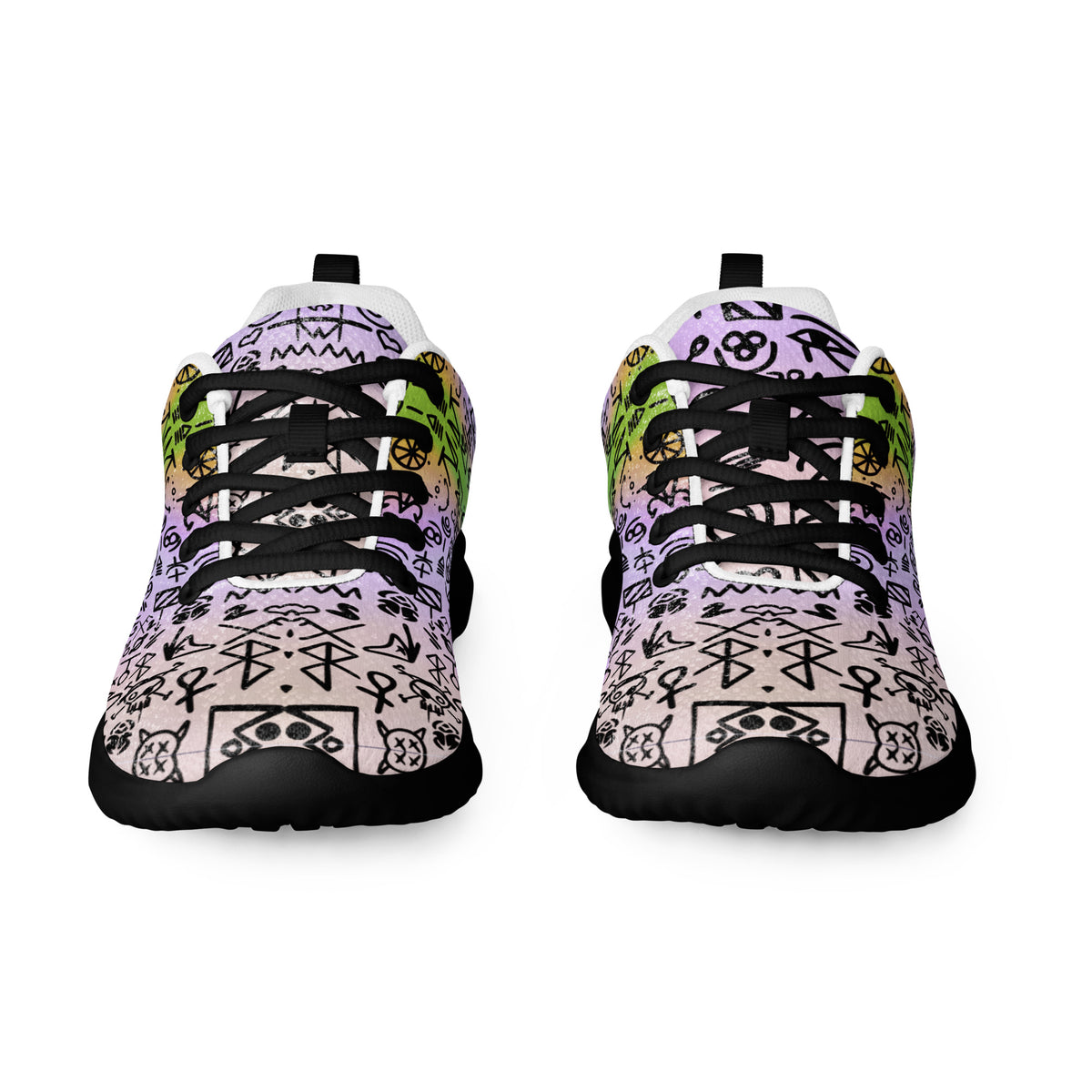 Lilac-to-sand gradient shoes drawn over with black sigils and pentacles, black soles and laces