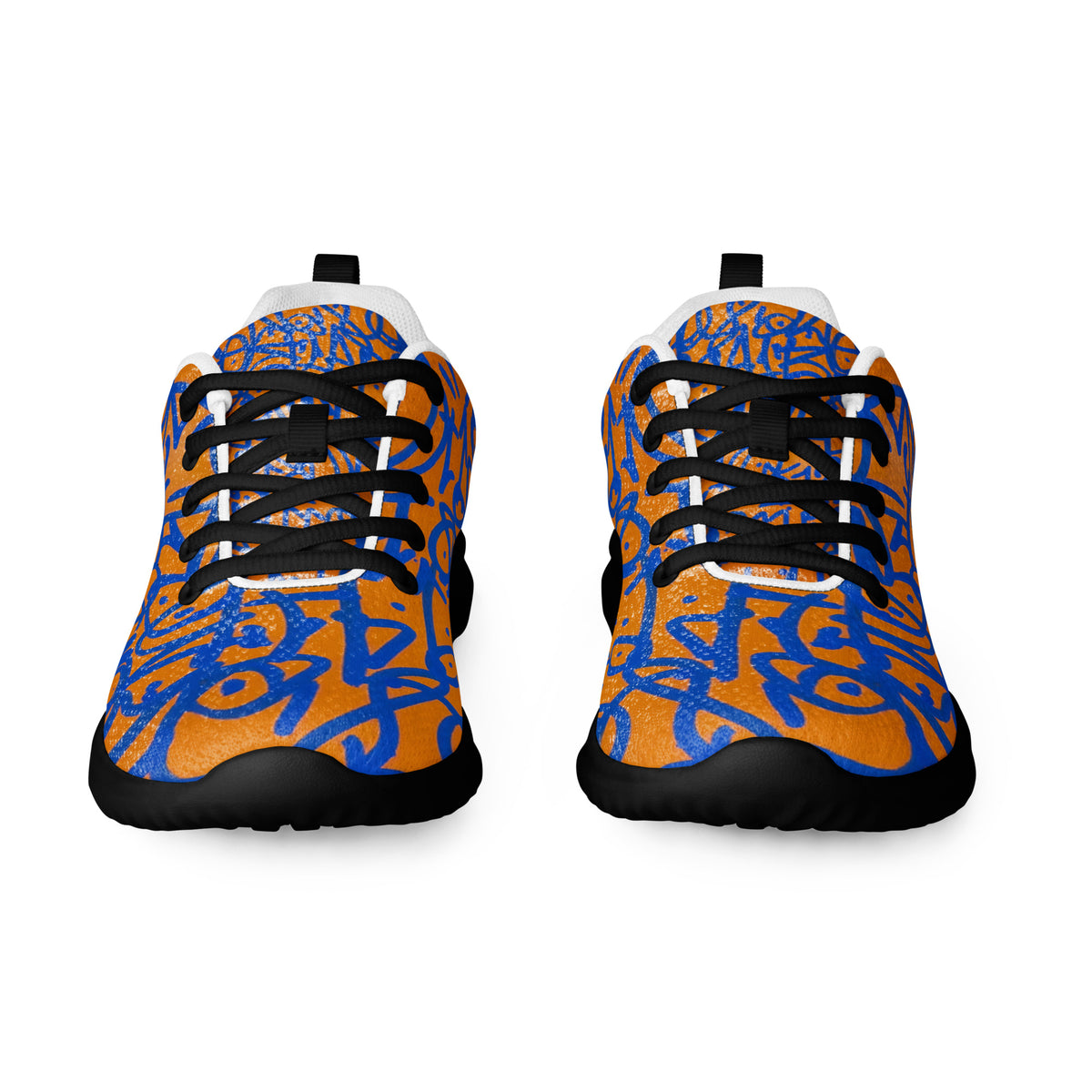 Orange athletic shoes covered in cobalt graffiti glyphs, black soles and black laces, front view