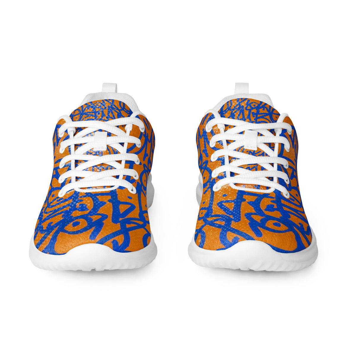 The same orange and cobalt glyph shoes with white soles and white laces, seen head on