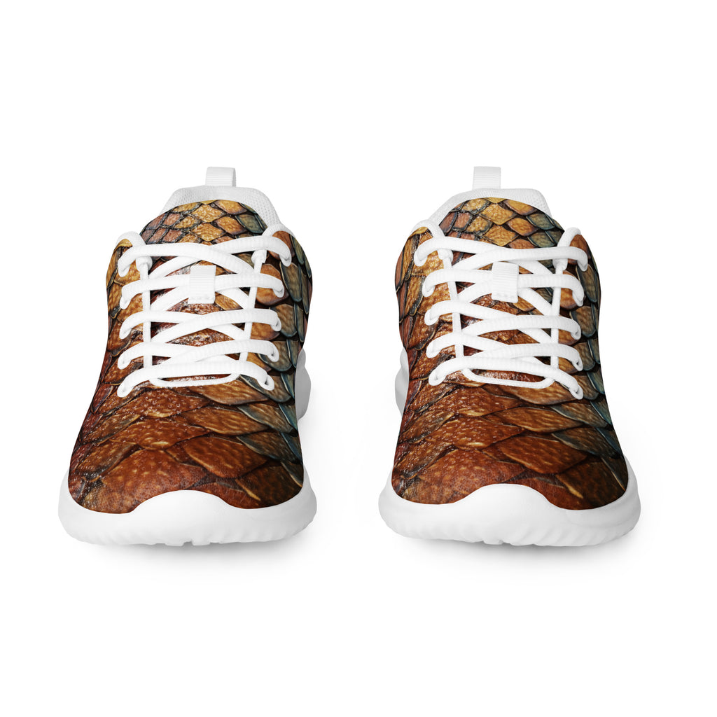 Pair of athletic shoes printed with bronze conifer cone scales, white soles and laces, front view