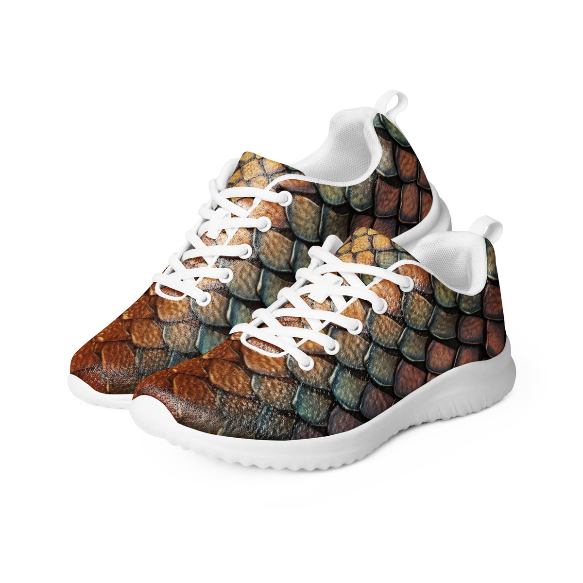 Shed Your Skin Sneakers with white soles and laces, three-quarter view showing the scale artwork across both shoes.