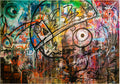 Wide, densely marked painting of overlapping faces and large circular eyes in turquoise, pink, orange and black.