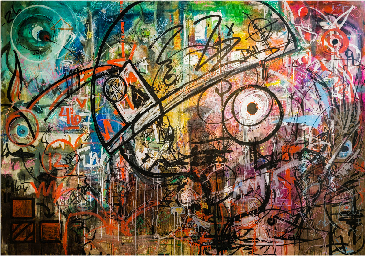 Wide, densely marked painting of overlapping faces and large circular eyes in turquoise, pink, orange and black.