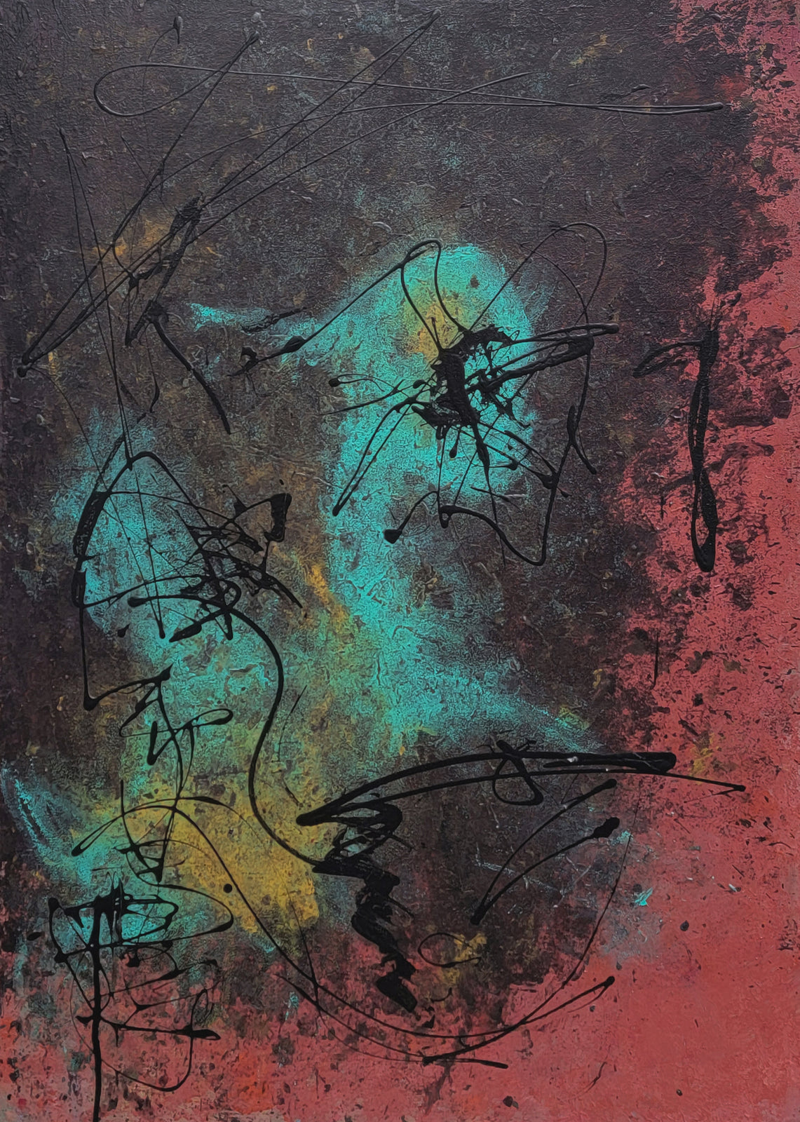 Thin black gestures cross a smoky turquoise form on a dark, textured rose and charcoal background.