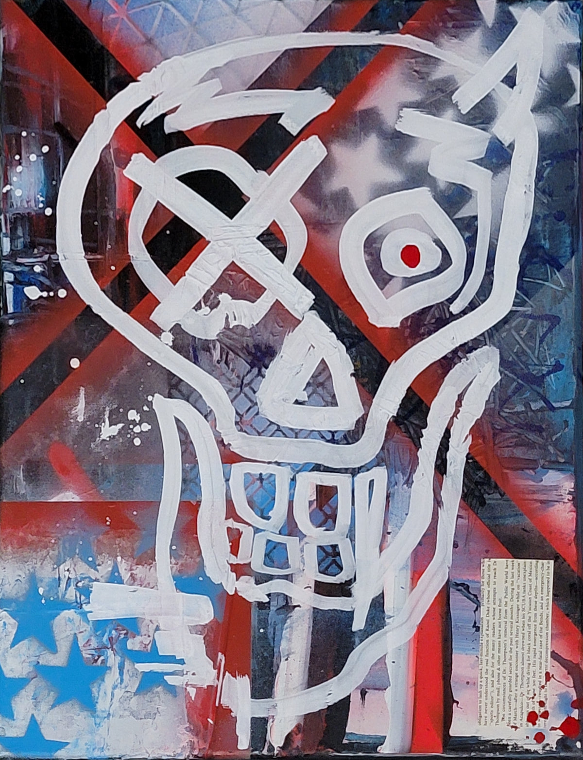 Large white skull-like outline and crossing strokes over red, blue and black painted shapes and collage fragments.